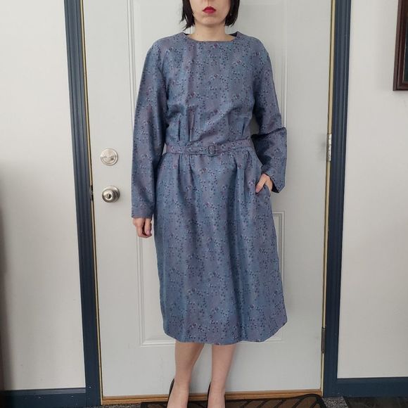 80s Hand Made Blue Paisley‎ Silk Dress - Picture 1 of 4